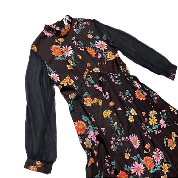 Vintage 70s Floral and Black Long Sleeve Sheer Maxi Dress - Picture 11 of 16